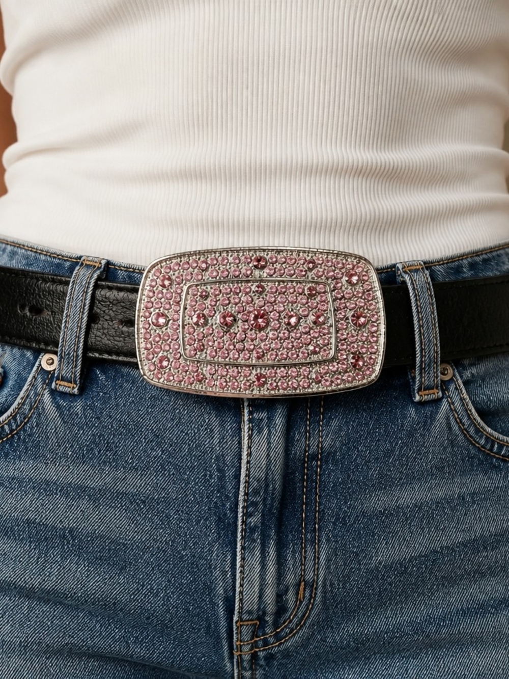 Interchangeable Rhinestone Belt Buckles W/Belt Pink Clear Western Buckles